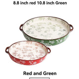 ceramic serving plate, double handled baking dish, pizza pan, cherry blossom pattern, underglaze V1106-122-66396-GRN-SET