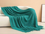 Dark green Elegant Openwork Knitted Throw Blanket with Tassels - 130x230cm Large Decorative Soft V888-ELOSUNG51003