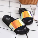 High Fashion Neon Shiny Women Shoes Rainbow Slippers Bling Colorful Spangle Fancy Flip Flops Black V1370-AZ4-22357