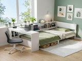 Artiss White Single Solid Wood Corner Platform Bed Frame with Built-in Desk, Storage Shelves and WBED-F-DESK-S-WH-AB