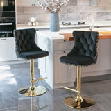 2x Height Adjustable Swivel Bar Stool Velvet Studs Barstool with Footrest and Golden Base- Black V226-SW1912BK