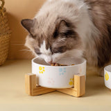 Ceramic Round Dog Cat Bowl with Wood Stand, Durable Ceramic Food Water Elevated Dish for Pet, Modern V1192-AZ-W-15100