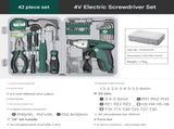 Green 42 Piece Home Tool Set with 4V Cordless Electric Screwdriver Kit for DIY Repairs and General V888-ELOSUNG40377