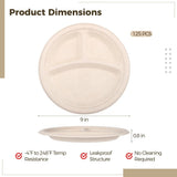 125 Pcs Disposable Paper Plates, 9" 3-Compartment Plates, Waterproof & Oil-resistant Divided Plates, V1369-AZ3-W-08614