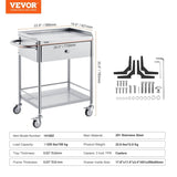 VEVOR Medical Cart, 2 Layer stainless Steel Cart100 kg Weight Capacity Utility Cart Silent Wheels V952-SYSSTCSB20124D3E4V0