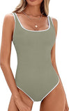 Women's Matcha Green One Piece Swimsuit with White Trim Adjustable Strap, Ribbed, High Cut for V1107-MATCHA GREEN ONE PIECE SWIMSUIT-XXL