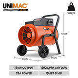 UNIMAC 15kW Portable Industrial Electric Space Fan Heater, 32A 3 Phase, Wheel Mounted, Adjustable V219-HEACHTUM8XCA