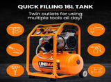 Unimac 16L Silent Oil-Free Electric Air Compressor, 116PSI Portable with Wheels and Handle, Twin V219-TOLACMUM1C6VA