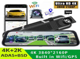 10 4K Mirror Dash Cam, 2K Rear Camera, WiFi GPS ADAS BSD, Stream Media, 64GB Included V462-TA-123-01
