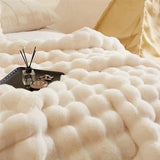 White Luxury Toscana Fleece Rabbit Fur Bubble Blanket, Double-Sided Plush King Size Bedding Set V1102-DSZ-BLK-0018