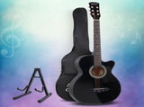 Alpha 38 Inch Acoustic Guitar Wooden Body Steel String Full Size w/ Stand Black GUITAR-D-38-BK-CAPO
