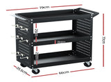 Giantz 3-Tier Tool Cart Storage Trolley Workshop Garage Pegboard Hooks Black TB-CART-3T-N-BK