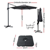 Instahut 3m Outdoor Umbrella w/Base Cantilever Beach Roma 360 Degree Tilt Charcoal UMB-ROMA-BASE-50N-CO