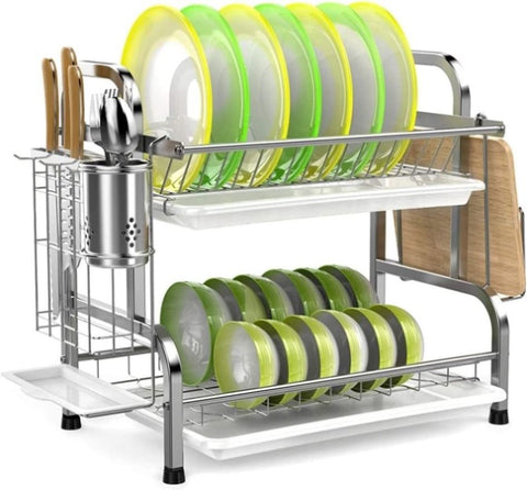 Stainless Steel 2-Tier Dish Drying Rack with Utensil Holder, Cutting Board Holder and Dish Drainer V178-84473