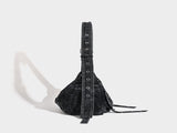 Distressed Black Denim Messenger Bag - Rivet Detail, Adjustable Strap, Large Streetwear Tote V888-ELOSUNG26916