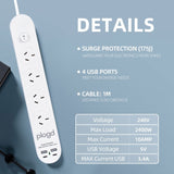 Plugd 2 USB A 2 USB C 240V 10A Powerboard with Surge Protection V915-EL0113