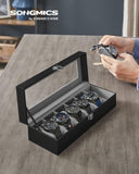 SONGMICS Watch Box for 6 Watches with Glass Lid and Removable Watch Pillows Black Synthetic Leather V227-8498101000085