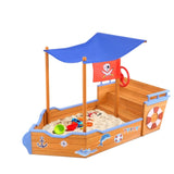 Keezi Kids Sandpit Wooden Boat Sand Pit with Canopy Bench Seat Beach Toys 165cm SAND-BOAT-160-CANOPY