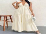 Apricot M Size Women's Elegant Halter Maxi Dress Summer Backless V-Neck Sleeveless Long Beach Resort V888-ELOSUNG41119