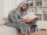 Men's Plush Fleece Hooded Bathrobe Grey M Size Shawl Collar Dressing Gown - Thick Warm Soft Winter V888-ELOSUNG54499