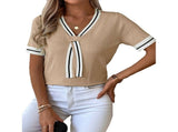 Women's knitted top, summer chic V-neck short sleeved sweater shirt, daily wear, blue M V1366-AZ2-W-14428