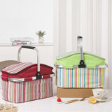 27L Foldable Insulated Picnic Basket Cooler Bag with Aluminum Handles, Green Striped Thermal Hamper V1188-MS-617-064