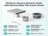 10x10cm Square Shower Drain with Grid Pattern Grate 304 Stainless Steel, CUPC Certified with Hair V63-955561