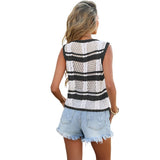 Women'S Sleeveless Striped Sweater Vest V Neck Tie Front Crochet Knit Tank Tops Black L V1192-AZ-W-20799