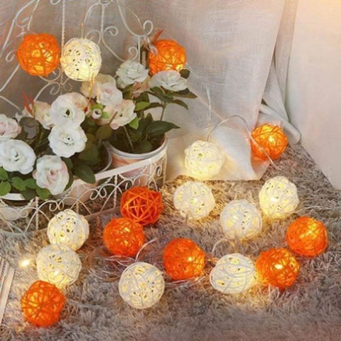 1 Set of Orange n White 5cm Rattan Cane 50 Ball Battery Powered LONG 5m String Lights Christmas Gift V382-ORWHITERATTBALLBATT50