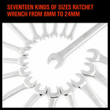17Pc Ratchet Spanner Set Metric Combination Wrenches Open End Ring CR-V 8-24mm V465-16035158