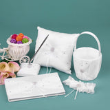 5pcs/set White Wedding Supplies Satin Flower Girl Basket Ring Bearer Pillow Guest Book Pen V1294-YM0901-H21026