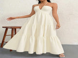 Apricot M Size Women's Elegant Halter Maxi Dress Summer Backless V-Neck Sleeveless Long Beach Resort V888-ELOSUNG41119