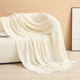 Beige Elegant Openwork Knitted Throw with Tassels - 127x180cm Large Decorative Soft Sofa V888-ELOSUNG48990