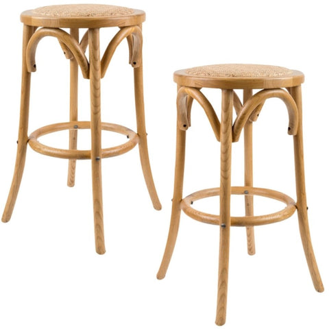 Aster 2pc Round Bar Stools Dining Stool Chair Solid Birch Timber Rattan Seat Oak V315-VOD-CAFE-21-2PC-KIT