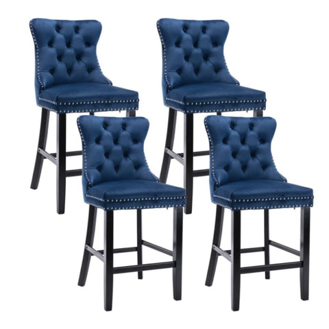 4X Velvet Bar Stools with Studs Trim Wooden Legs Tufted Dining Chairs Kitchen V226-SW1802BL-2