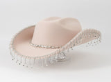 Western Cowboy Hat with Rhinestone Tassel Fringe - Beige Felt-Style Party Hat with Decorative Chain V888-ELOSUNG57118-3