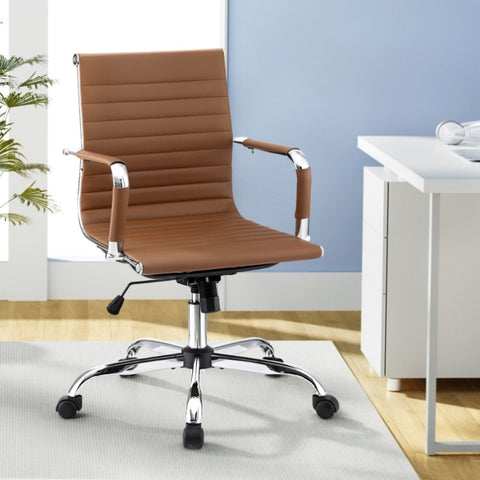 Artiss Office Chair Conference Chairs PU Leather Mid Back Brown OCHAIR-H-8147-BR