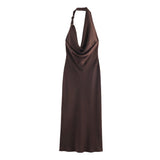 M Elegant Halter Neck Satin Midi Dress - Sexy Asymmetric Draped Evening Gown with Metal Hardware V888-ELOSUNG46259