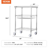 VEVOR Kitchen Utility Cart, 3 Tiers, Wire Rolling Cart with 213kg Capacity, Steel Service Cart on V952-LLCFTCCB20X24IGJ4V0