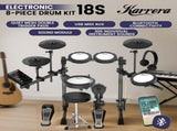 Karrera 18S Electronic Drum Kit Mesh Pads 8in Snare Bluetooth Sounds USB/MIDI Output Kick Pedal ELE-DRM-18S