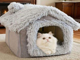 Plush Pet House with Detachable Cushion Cozy, Warm, and Stylish Indoor Cat or Small Dog Bed Soft V1341-ZY-9MDMUPYV-L-BROWN