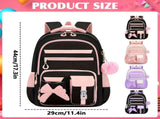 17.3in Large Capacity Bow Pom Pom Casual Rucksack, Waterproof Polyester Luggage Strap Backpack, V1366-AZ2-W-21373