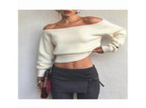 Women Off Shoulder Long Sleeve Pullover Sweater Top Trendy Boat Neck Soft Ribbed Knit Crop Sweater S V1366-AZ2-W-14627