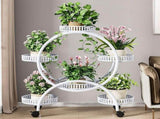 Fin White Metal Plant Stand 6-Potted Flower Pot Holder W Wheels 4 Tier Display Shelf V767-HJ-ZT112-WT