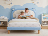 Artiss Kids King Single Bed Frame Upholstered Bear Headboard Waterproof Leather Boys Bed 180kg BFRAME-G-BEAR-KS-BU-AB