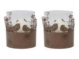 Set 2 Glass Pillar Candle holders in Stilted Rust Base w Birds 17cm V637-52418BRD