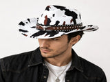 White Cow Print Western Cowboy Hat - Retro Cattle Head Studded Band, 57cm Head Fit, Wide Brim V888-ELOSUNG57120-1