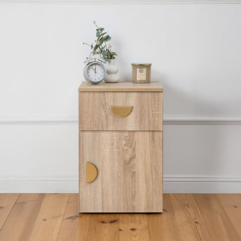 PORTO BEDSIDE TABLE - NATURAL OAK - SLIM - HALF MOON BRASS V164-ECS13STB04G