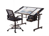 Artiss Drawing Table with Ergonomic Office Chair, Drafting Tables with Tempered Glass Desktop, DRAW-DESK03-SI-RING-2003