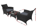 Gardeon 3PC Outdoor Bistro Set Patio Furniture Wicker Chairs Table Cushion All Black ODF-BISTRO-RATTAN-S-BK